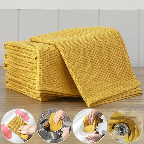 Miniatura 5 de QUILTINA Juego de 6 paños de cocina, 100% algodón, tejido de gofre, 17 x 25 pulgadas, súper absorbentes para secado y limpieza (amarillo mostaza)