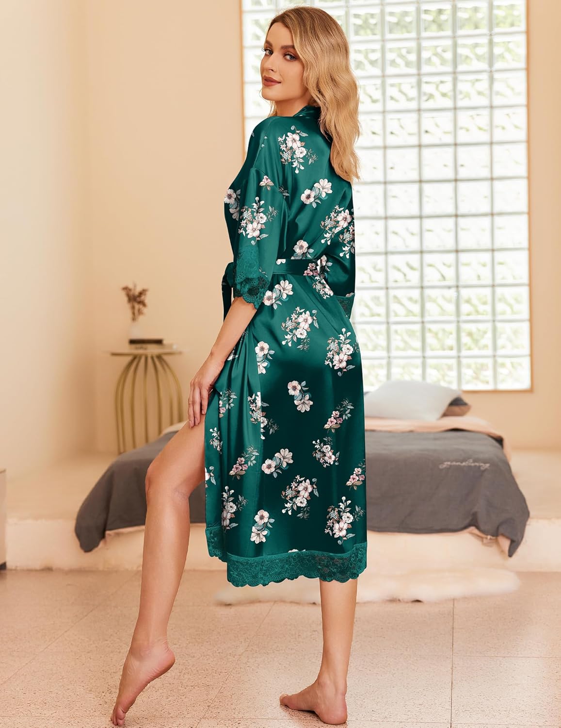 Ekouaer Satin Robes for Women Lace Trim Silk Robe 3/4 Sleeve Kimono Bathrobe Bride Bridesmaid Wedding Party Sleepwear S-XXL - Image 4