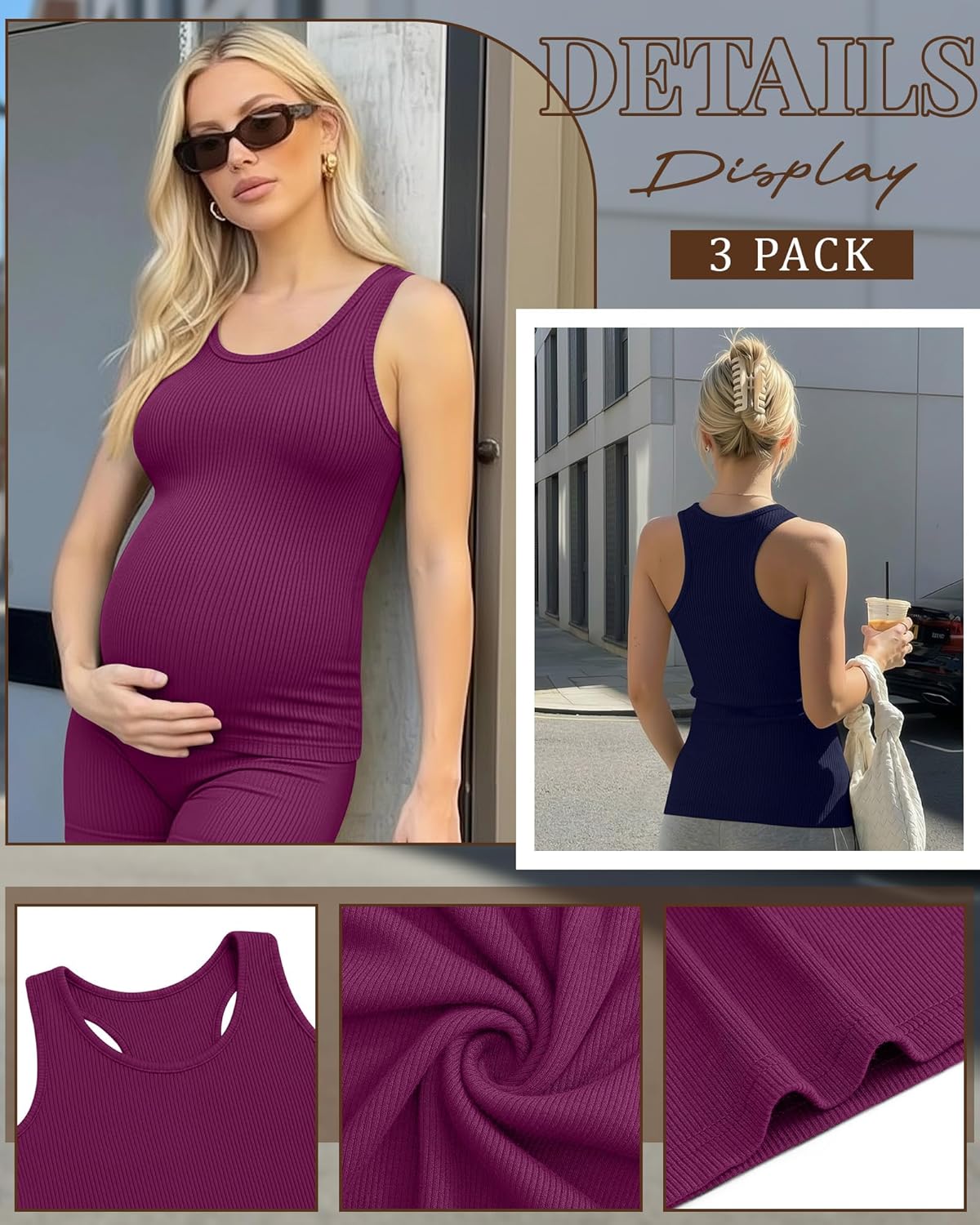 3 Pack Women's Maternity Tank Tops Sleeveless Racerback Summer Pregnancy Shirts Ribbed Knit Mama Clothes - Image 5