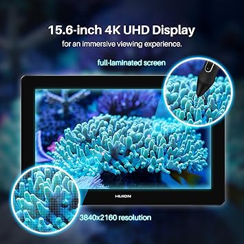 HUION Kamvas Pro 16 Plus 4K UHD Drawing Tablet with Screen Full Laminated 145% sRGB Art Tablet with Battery-Free Stylus, 15.6-inch Graphics Tablet for PC, Mac, Linux, Android