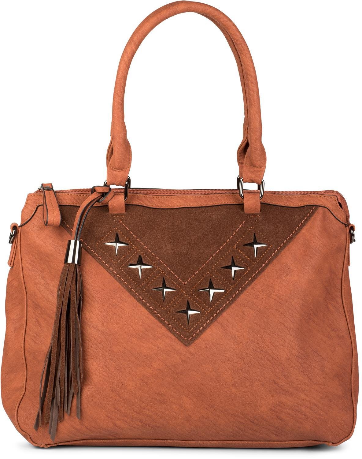 styleBREAKER Bolso para Compras con Recortado de Metal en Forma de Estrella y borlas, Bolso de Hombro, Bolso de Bandolera, Bolso de Mano, señora 02012180, Color:Avellana