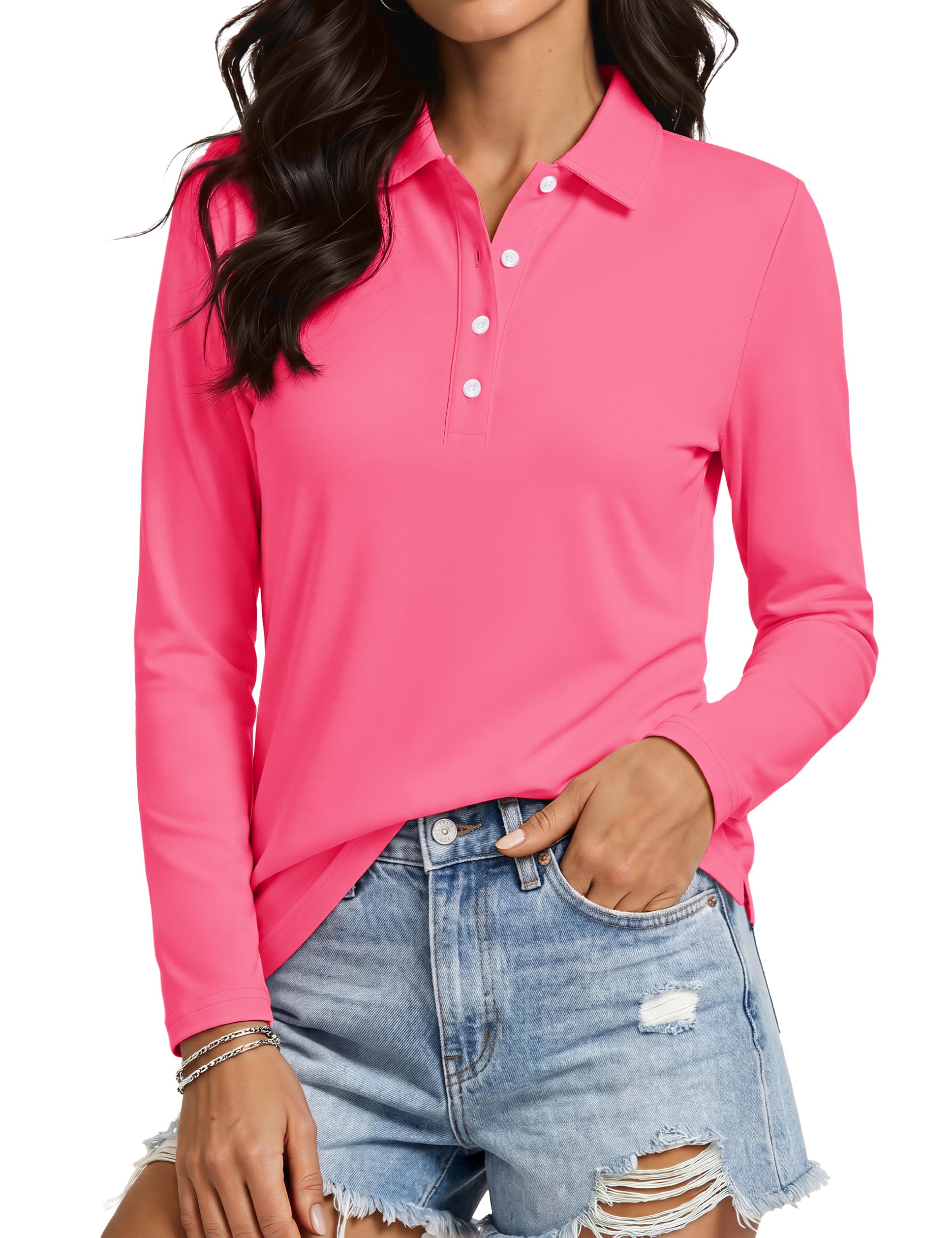 MAGCOMSEN Poloshirt Damen UV Schutz Langarm Polo Funktionsshirt Golfshirt | Funktions Poloshirt für Damen,UV Schutz UPF 50+,Golf Langarm Polo Shirt,Leicht & Atmungsaktiv,Activewear Top,4 Knöpfe Polo