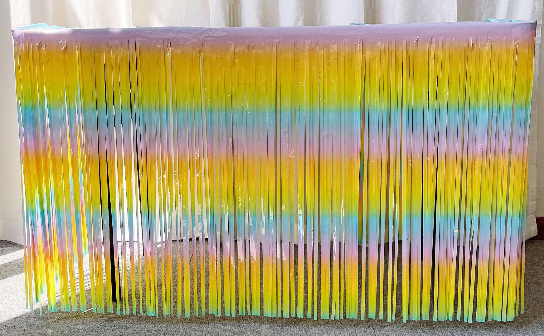 275 x 75 cm, 20 sztuk, kolory tęczy, hawajska spódnica stołowa, folia metalowa, frędzle, spódniczki stołowe z lametty, folia z lamety, girlanda na baby shower