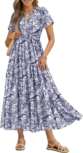 YESNO Womens Casual Floral Maxi Dresses Summer Cross V Neck Short Sleeve Boho Beach Swing Dress with Pockets ETH