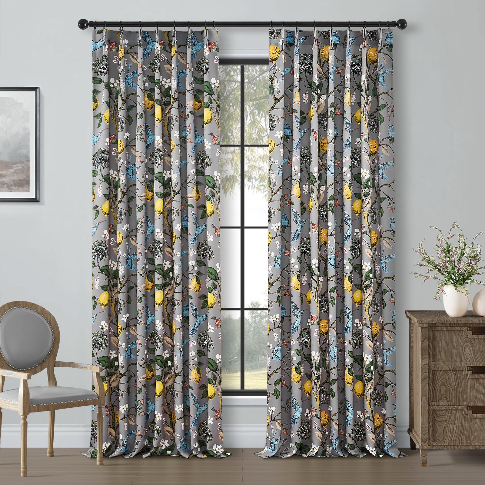 Vintage Floral Pinch Pleated Blackout Curtains 84 Inches Long 2 Panels for Bedroom Living Room Grey White Flower Patterned Room Darkening，Lemon Design Hummingbird Colorful Window Treatments Drapes