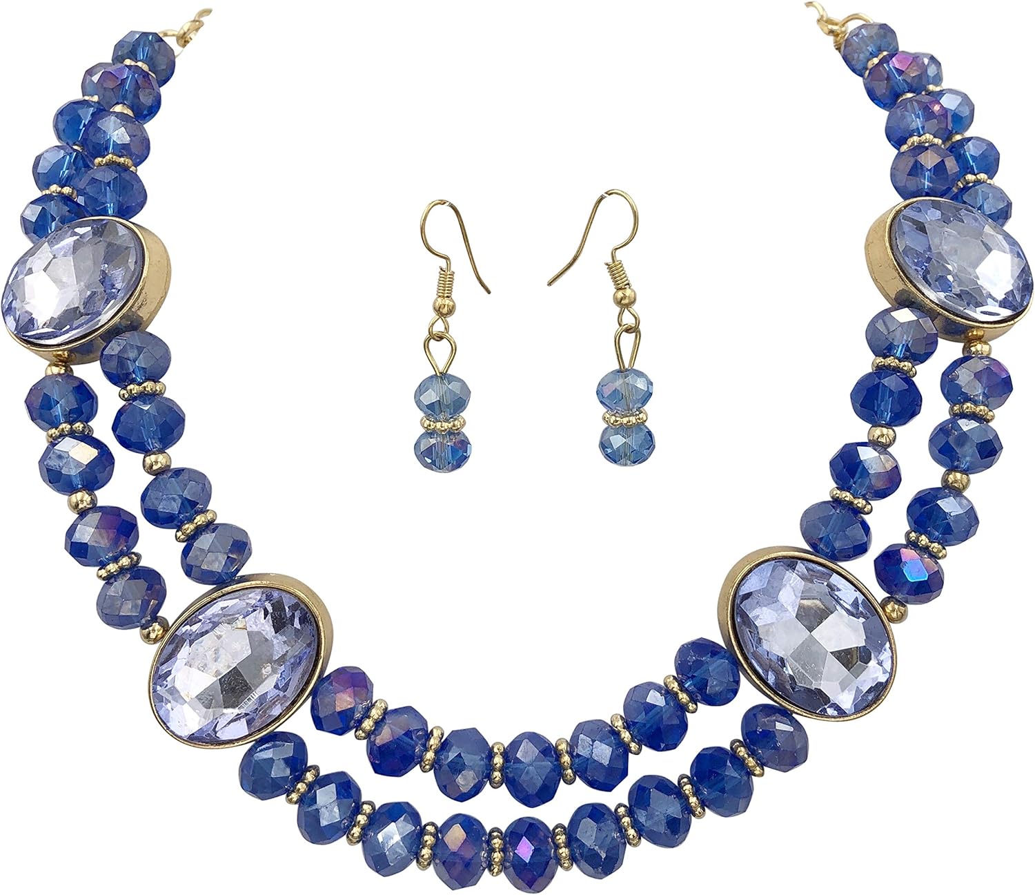 Gypsy Jewels 2 Row Layered Beveled Glass Beaded Boutique Statement Style Necklace And Dangle Earrings Set