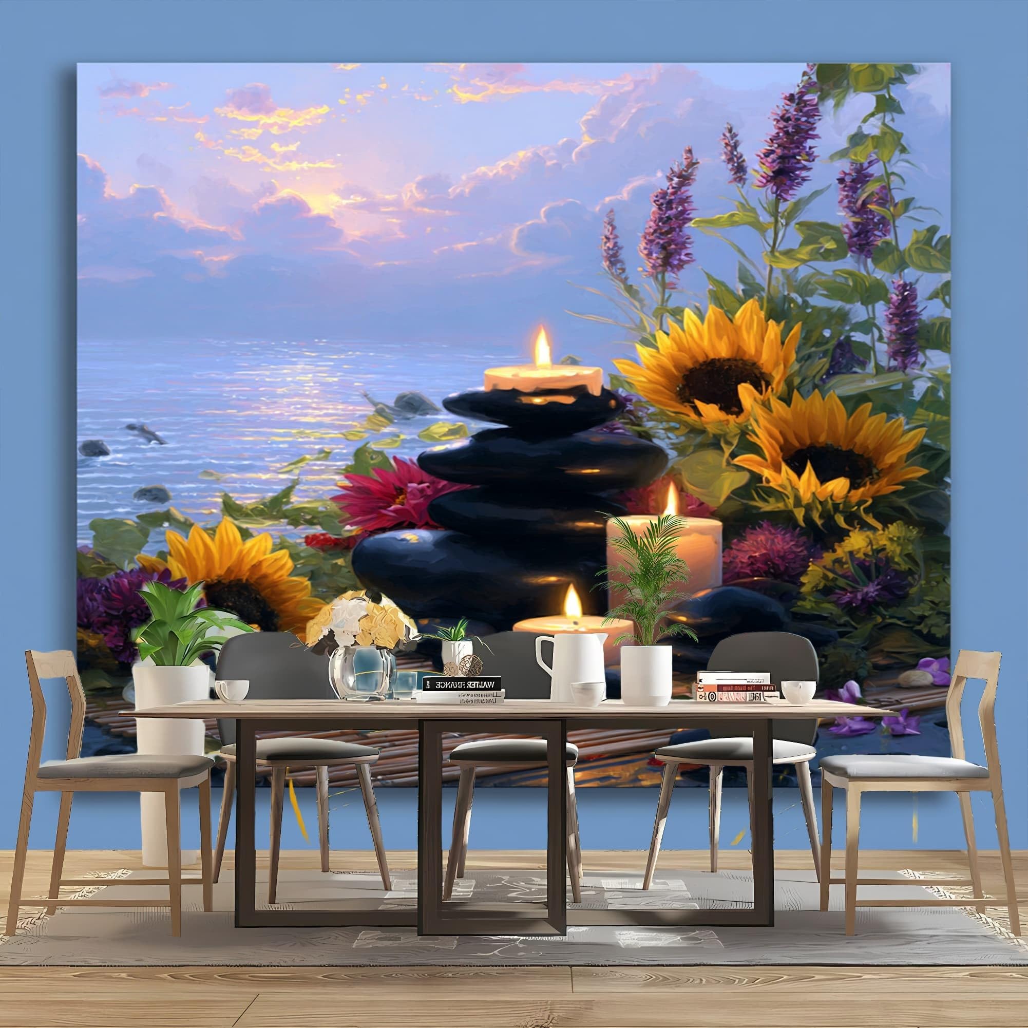 Fototapeta 3D włóknina 250 x 175 cm ocean rośliny słonecznik kamień tapeta fioletowy plakat do domu biura sypialni gabinetu salonu