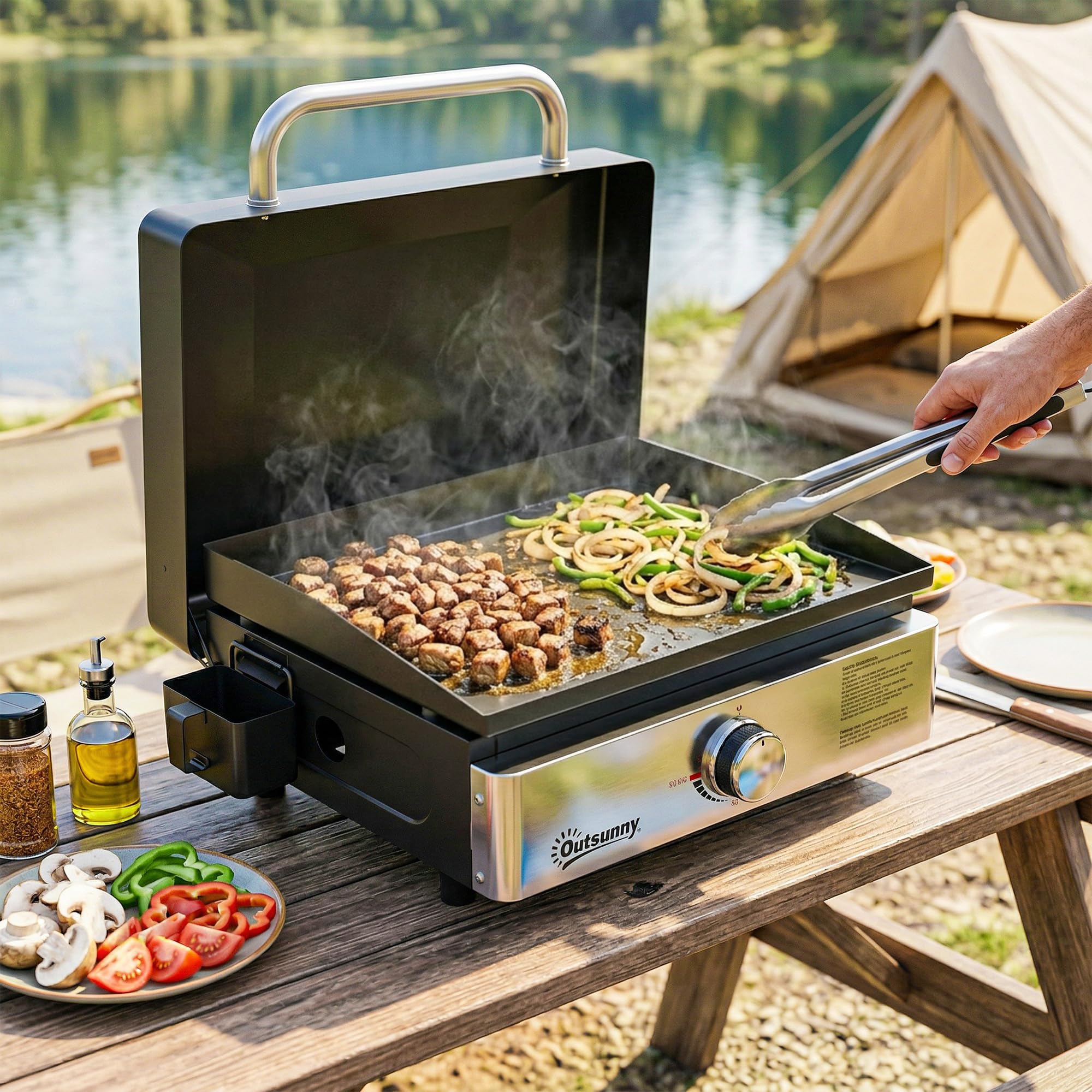 Outsunny Plancha à gaz portable de 3,5 kW - Barbecue à gaz de table avec réservoir de graisse - Pour camping, pique-nique, terrasse - Noir