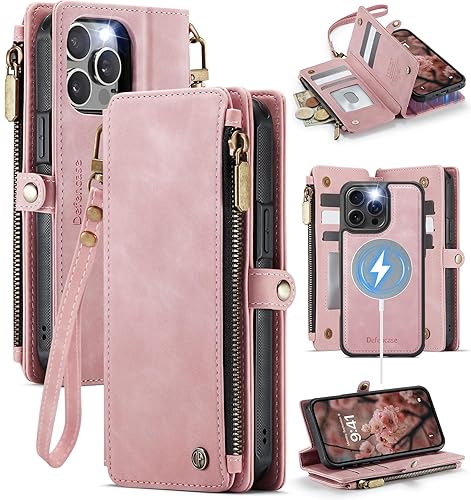 Defencase for iPhone 13 Pro Max Magnetic Wallet Case Compatible with Magsafe with RFID Blocking Zipper Strap Card Holder for Women, PU Leather Detachable Case for iPhone 13 Pro Max (6.7"), Rose Pink - iPhone 13 Pro Max - 6.7" - (Detachable with Magsafe)-Pink