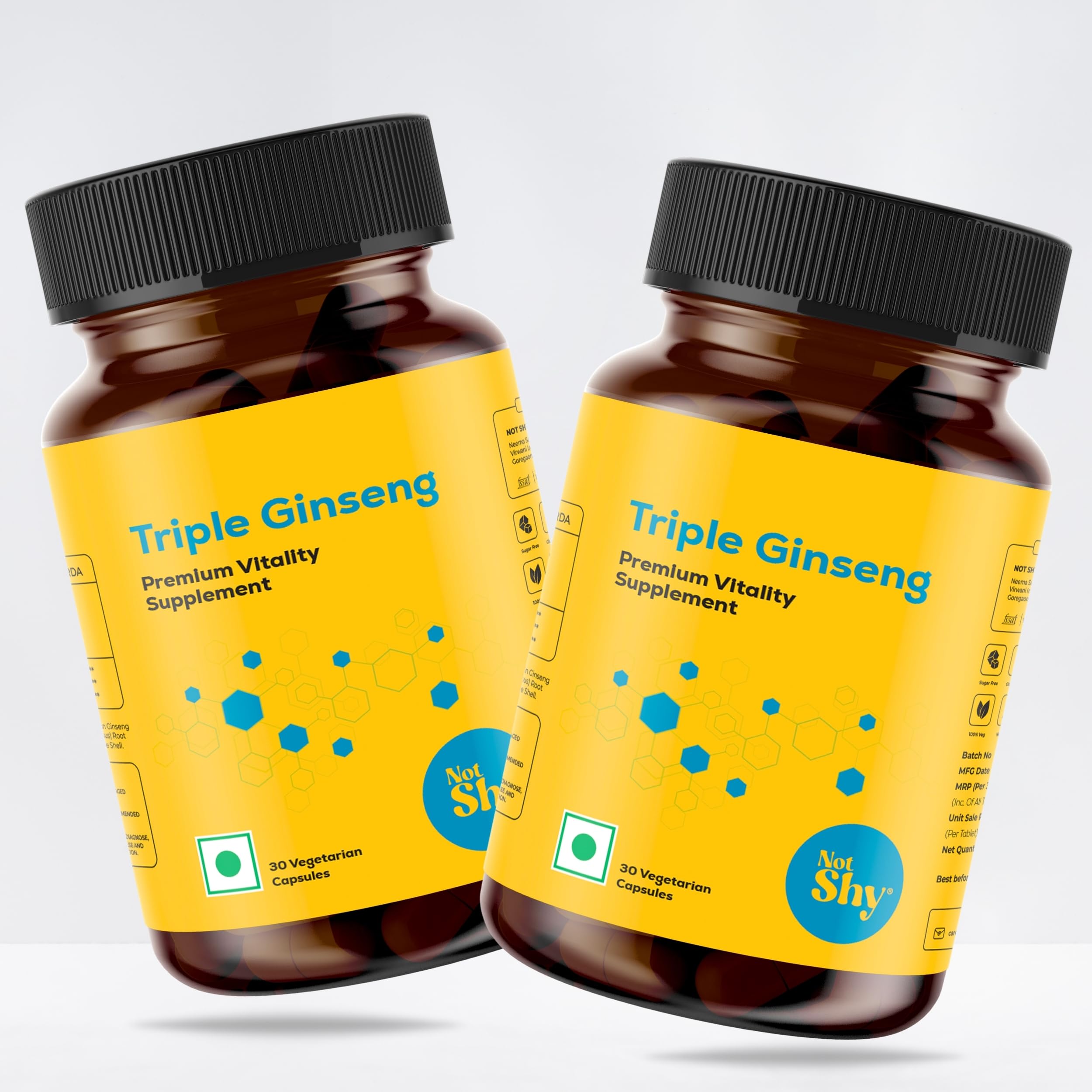 NOTSHY Triple Ginseng blend of Korean, American & Siberian Ginseng, For Men & Women.1 Bottle of 30 Veg Capsules. (pack of 2)