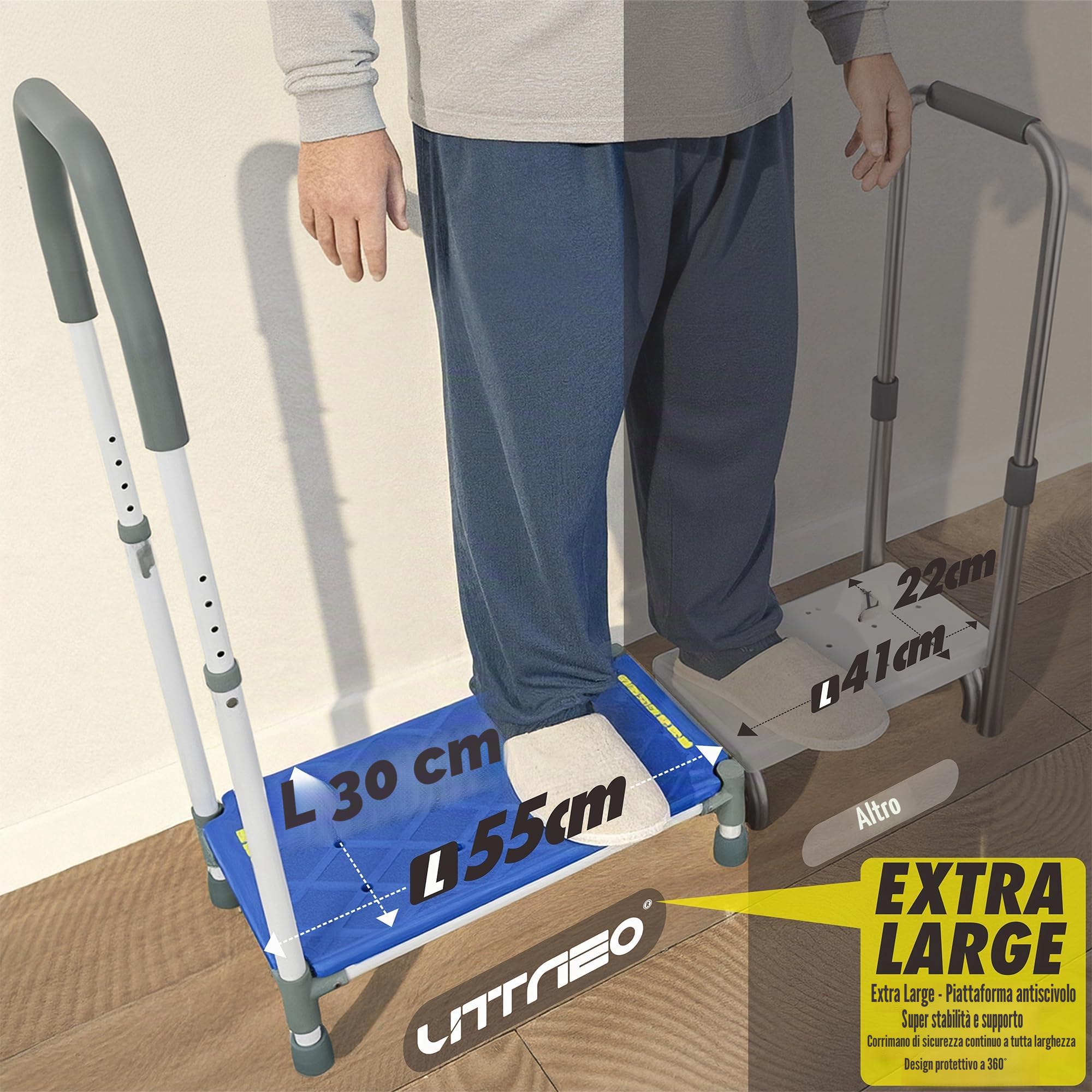 Sgabello Gradino con Pedata 55 cm – Braccioli regolabili in altezza,portata 225 kg,strisce luminescenti e antiscivolo –Ideale per letti alti,camper,cucina,bagno e anziani