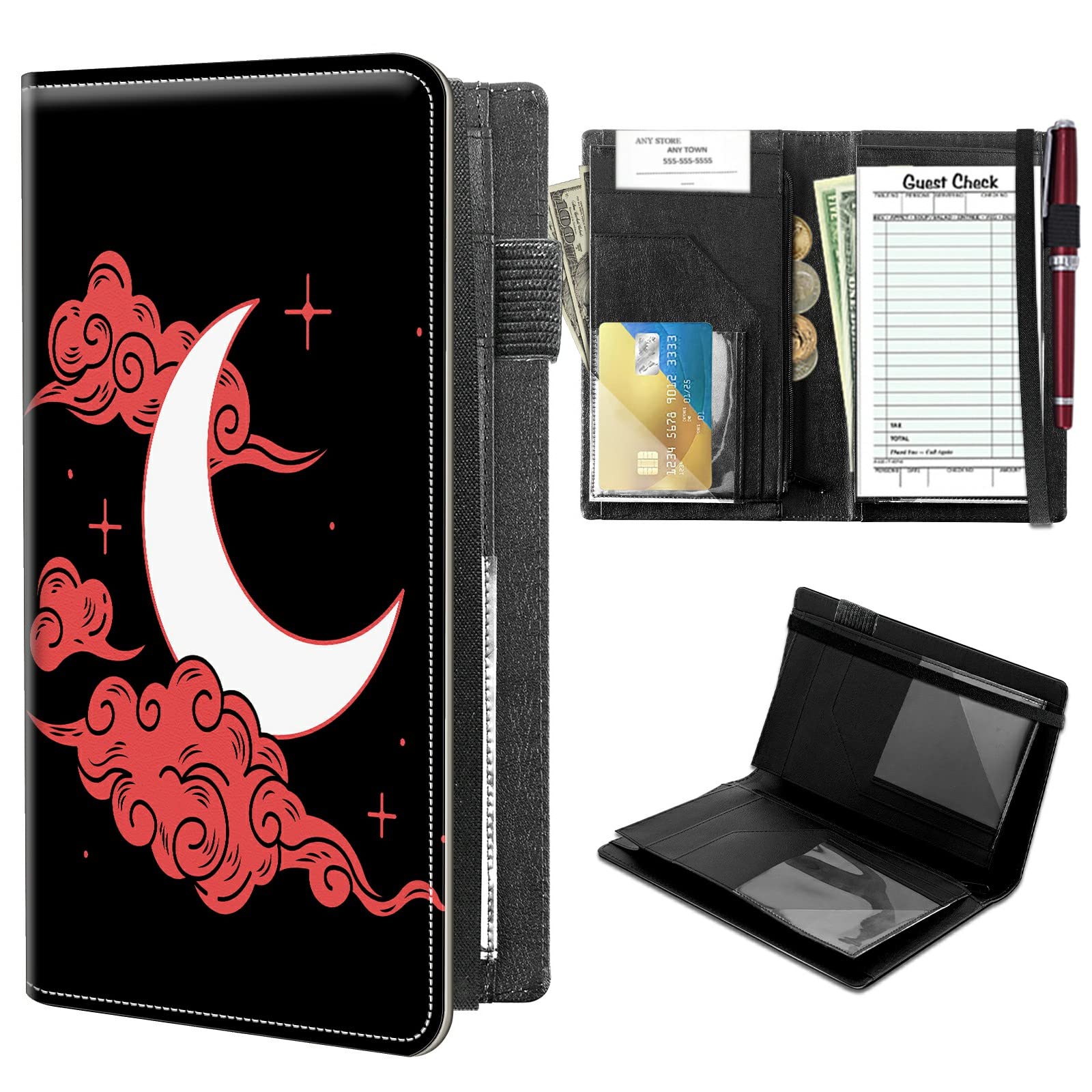 High Volume Server Books, Moon Pink Clould Server Book w/ 2 Expandable Pockets 9 x 5 Cute Waitress Book Zipper Pocket & Strap Closure Waitstaff Organizer Server Booklet Waiter Money Wallet