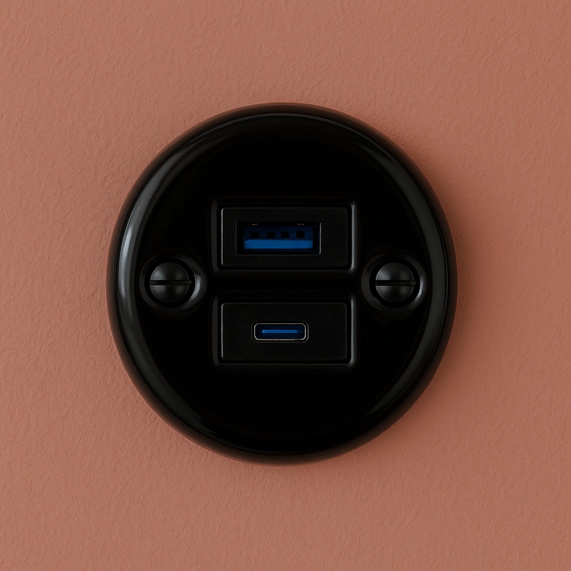 Porcelana natynkowa retro, USB-A USB-C, gniazdo 2-drożne, All-in-One, seria QR1 czarna