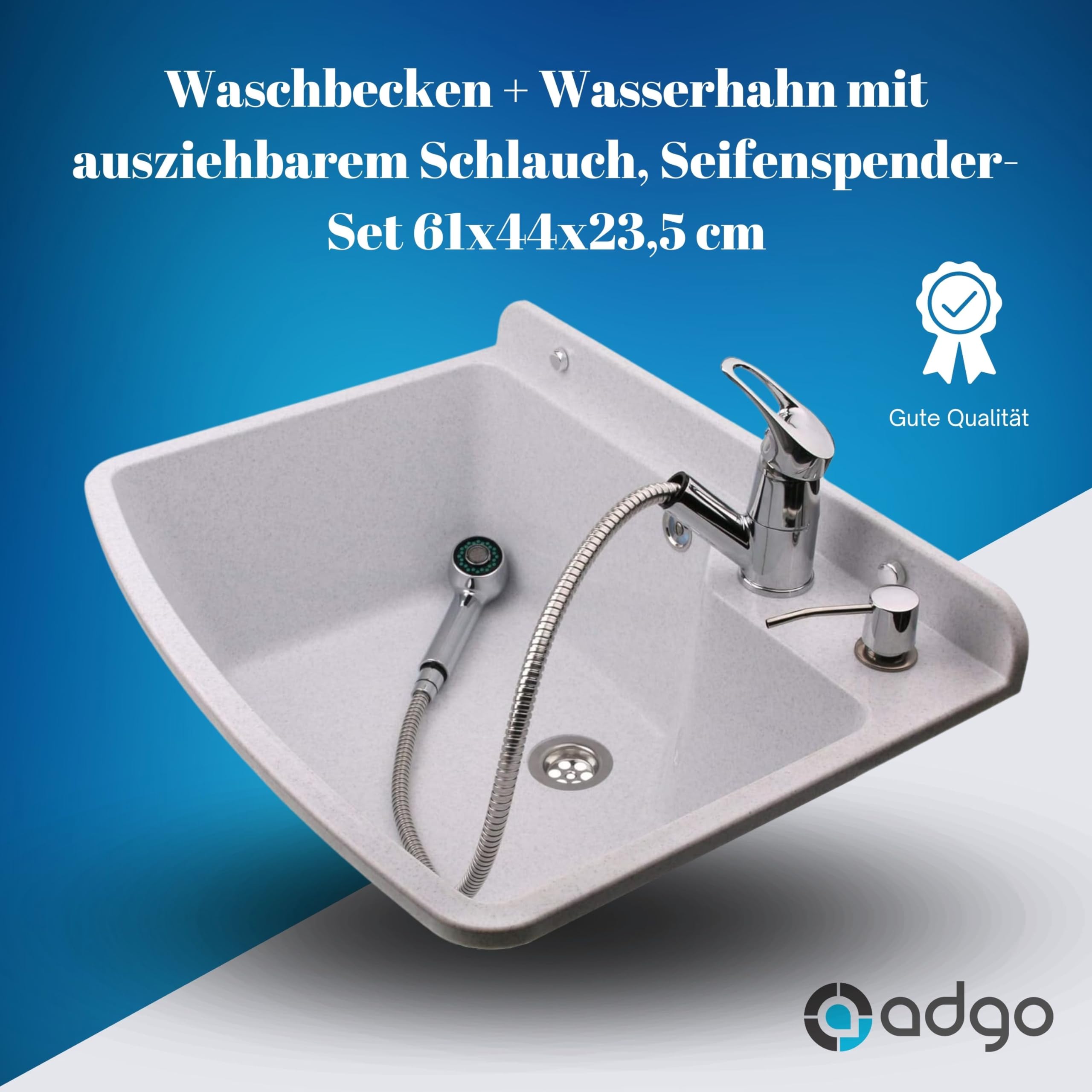 ADGO Lavello da Cucina a Camera Profonda per Uso Domestico con Batteria, Rubinetto e Contenitore per Dispenser di Sapone, per Giardino, Garage, Cantina, Bagni, Officina, Fabbrica Industriale, Bianco