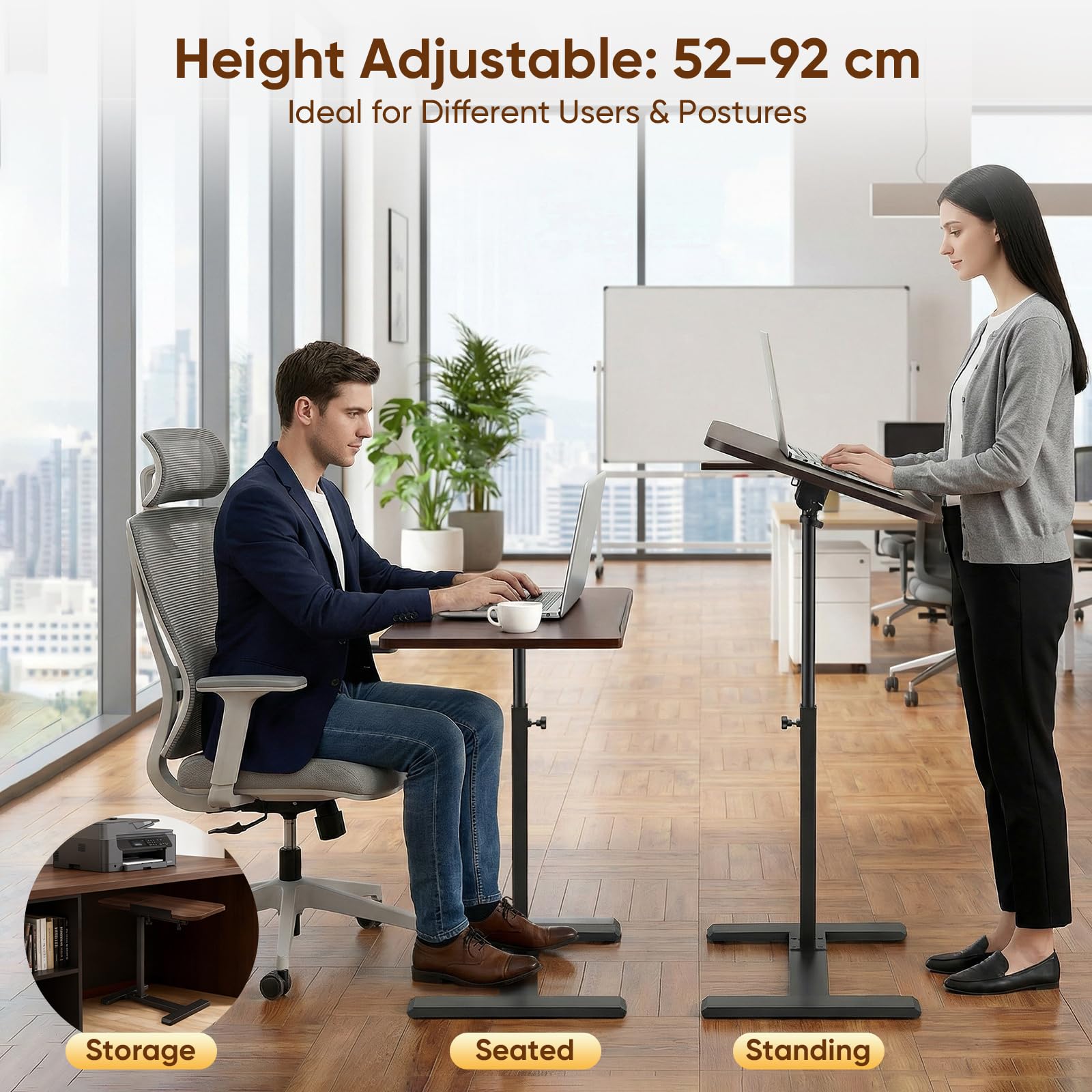Tavolino a Forma C, Regolabile in Altezza 50-92 cm, Piano di 60 x 40 cm, Tavolo Mobile Girevole 360° in Noce, Tavolino da Divano Tavolino per Computer Portatile per Soggiorno, Camera da Letto, Letto d