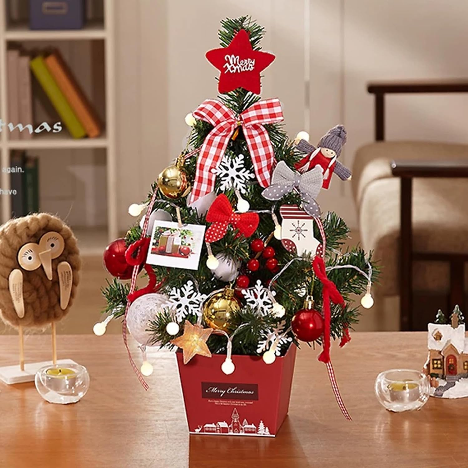 Amazon.co.jp ミニクリスマスツリー 4560cmレッドホワイト クリスマスツリー 卓上 クリスマスツリー 小さめ ライト付き