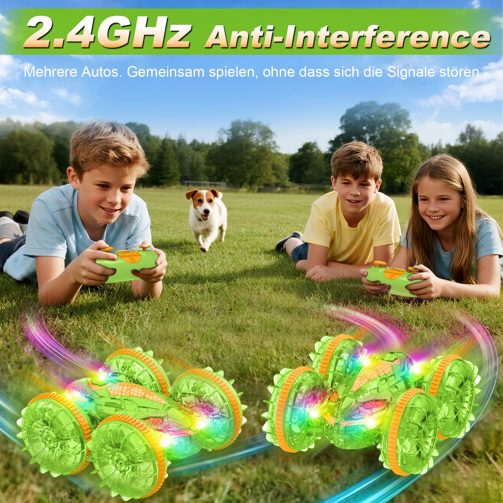 MidiVix Macchina anfibia telecomandata, 90 minuti di gioco, 2,4 GHz, double-face, con luce LED, rotazione a 360°, piscina e attività all'aperto, regalo per bambini da 6 a 12 anni, verde e arancione