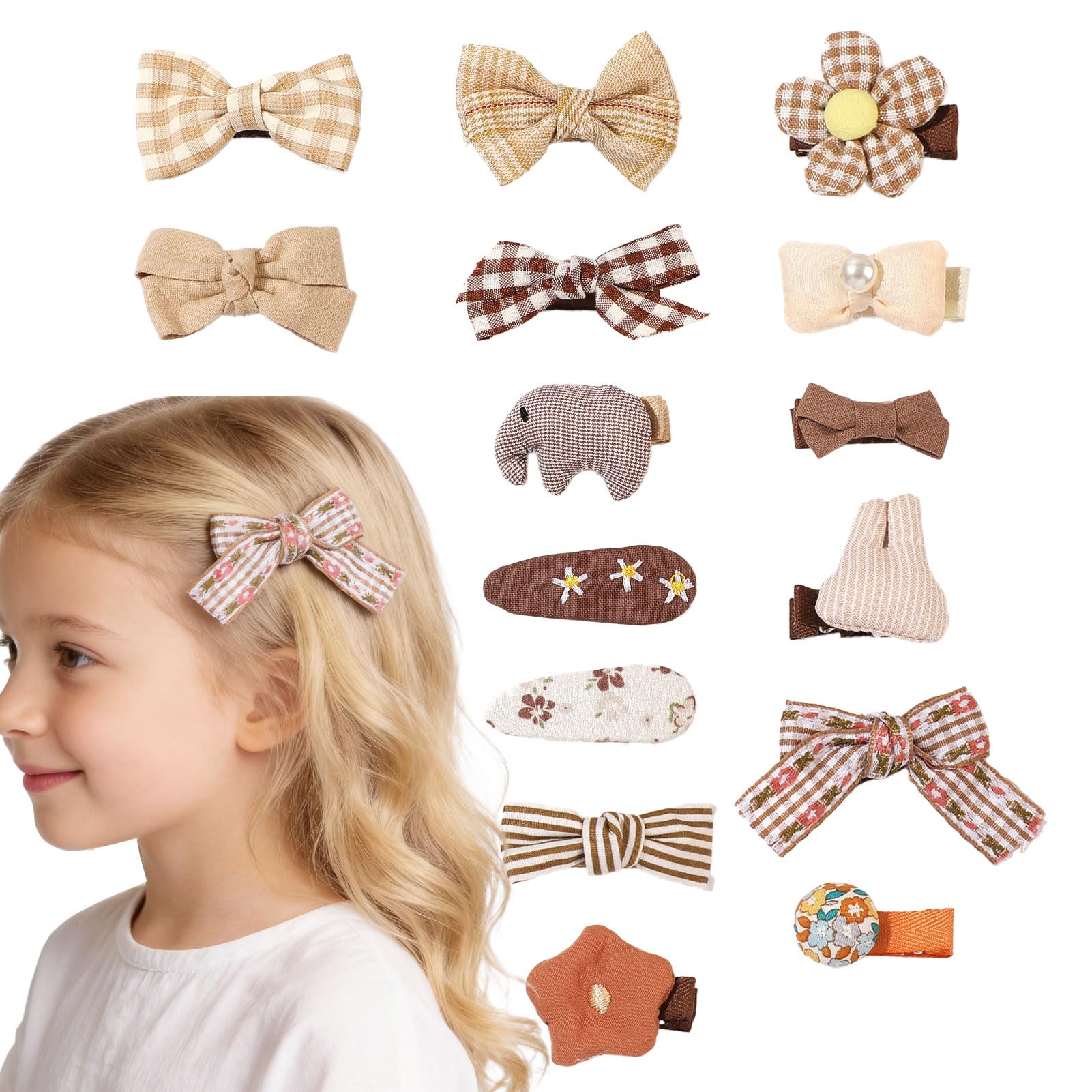 BAISEN Baby Girl Hair Clips & Bows - 15 Pack Fully Lined Non Slip Barrettes for Fine Hair | Handmade Hair Accessories for Infants, Toddlers, and Little Girls (Brown)