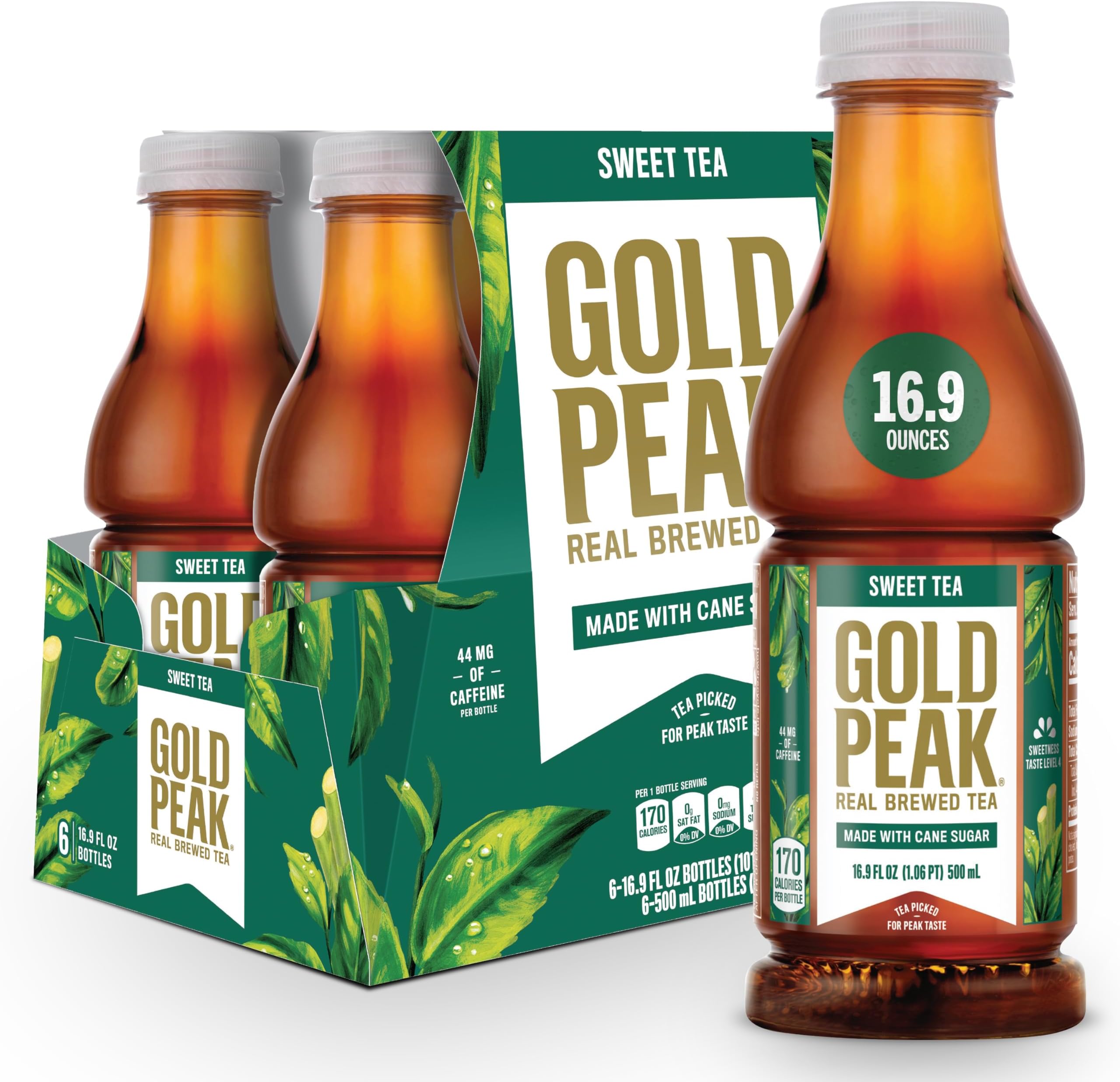 Gold Peak Tea, Sweet Tea, 16.9 fl oz, 6 Pack | Real brewed tea with 44 mg of caffeine per bottle