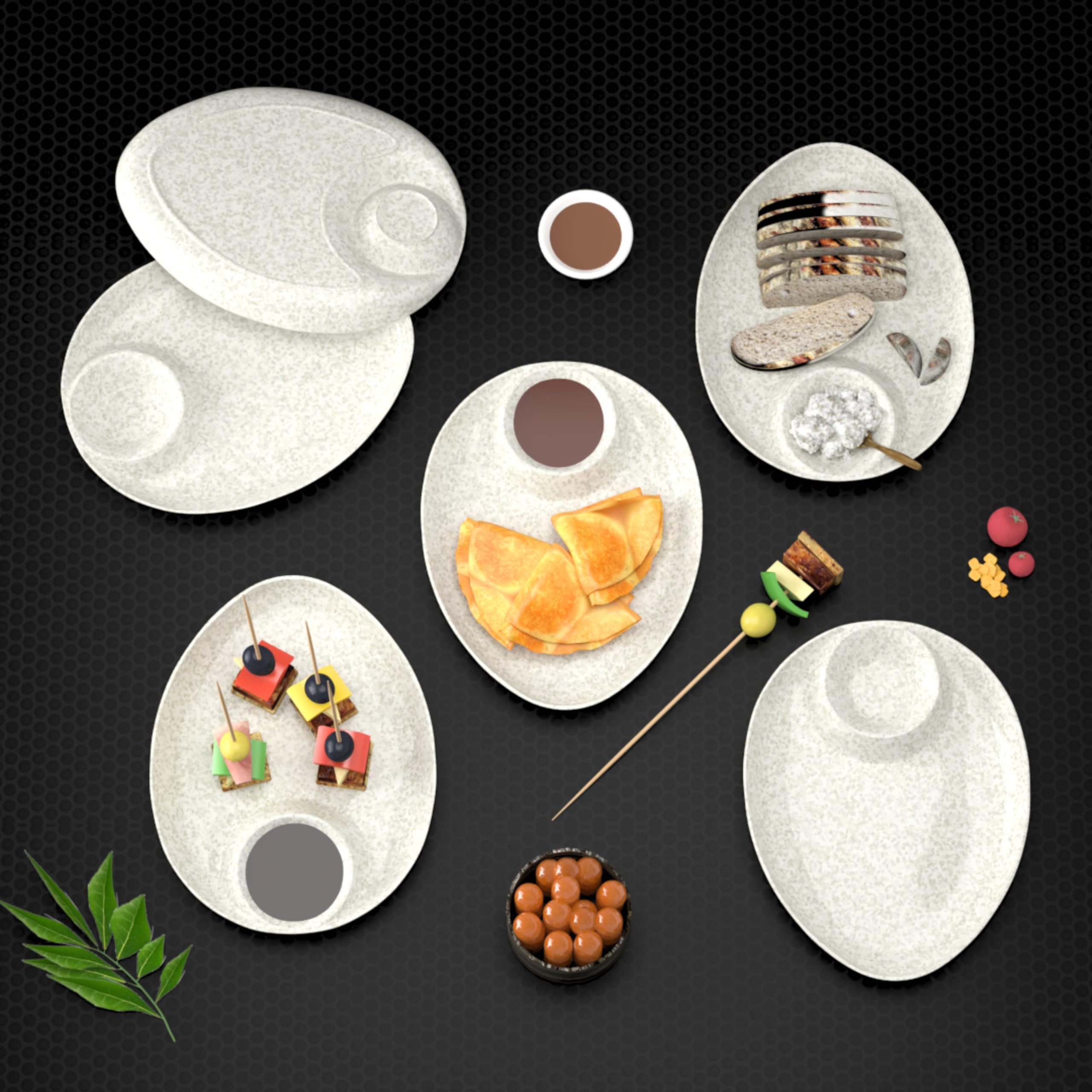 Castleite Wales Multi-Purpose Kitchen Serving Platter: Deluxe Melamine Crockery Set of 6 - Versatile Chip and Dip Dish for Snacks, Starters & Desserts (Marble White)