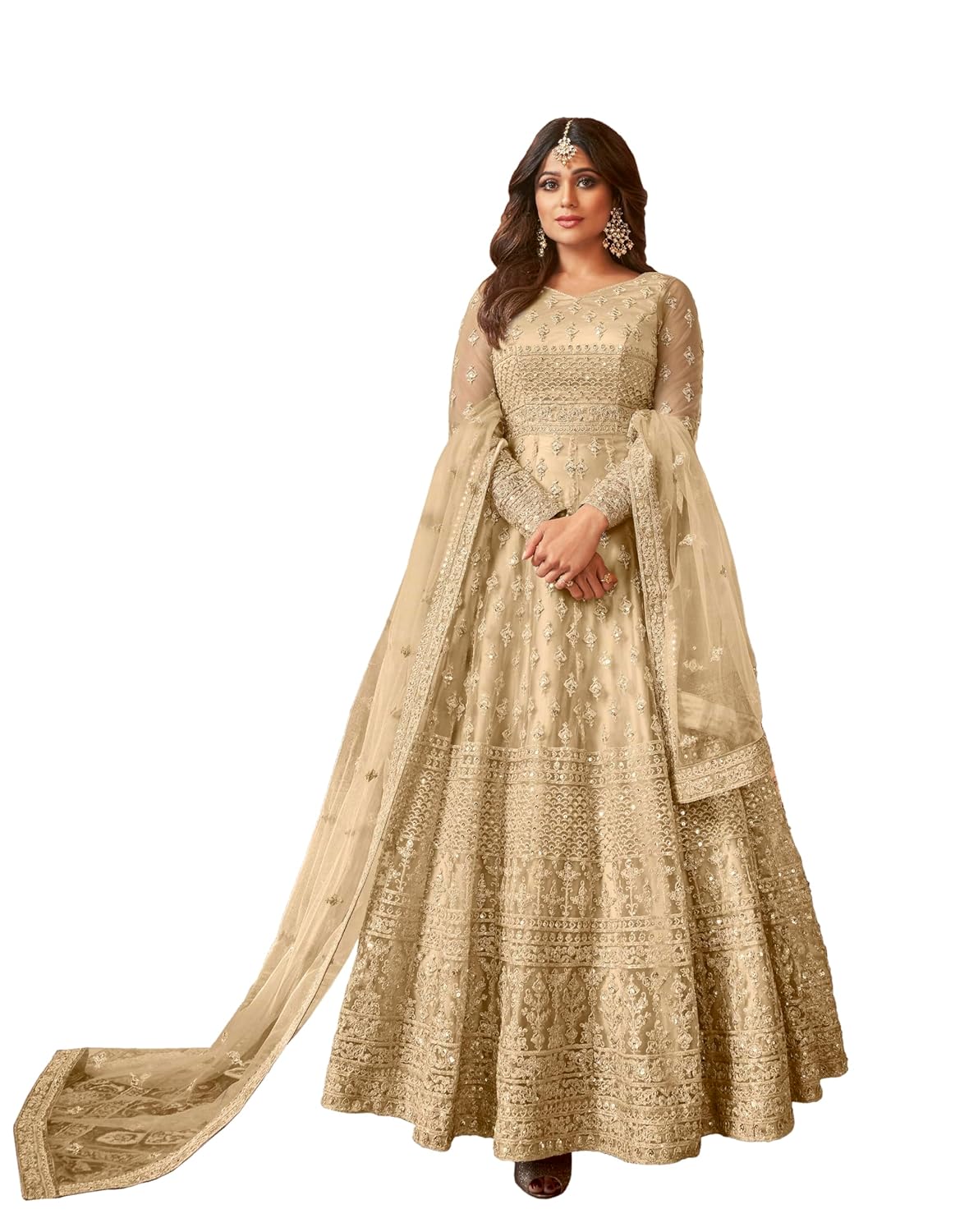 Divine International Trading Co Women’s Net Semi Stitched Gown Top With Satin Silk Fabric Bottom & Net Dupatta Embroidered Anarkali Dress