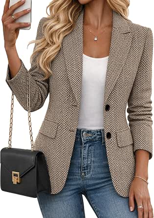 Women's Fall Winter Herringbone Tweed Blazer - Open Front Fully Lined Casual Work Office Jacket with Pockets