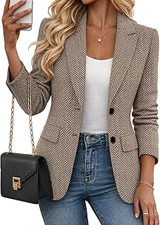 2026 Women's Fall Winter Herringbone Tweed Blazer - Open Front Fully Lined Casual Work Office Jacket Pockets