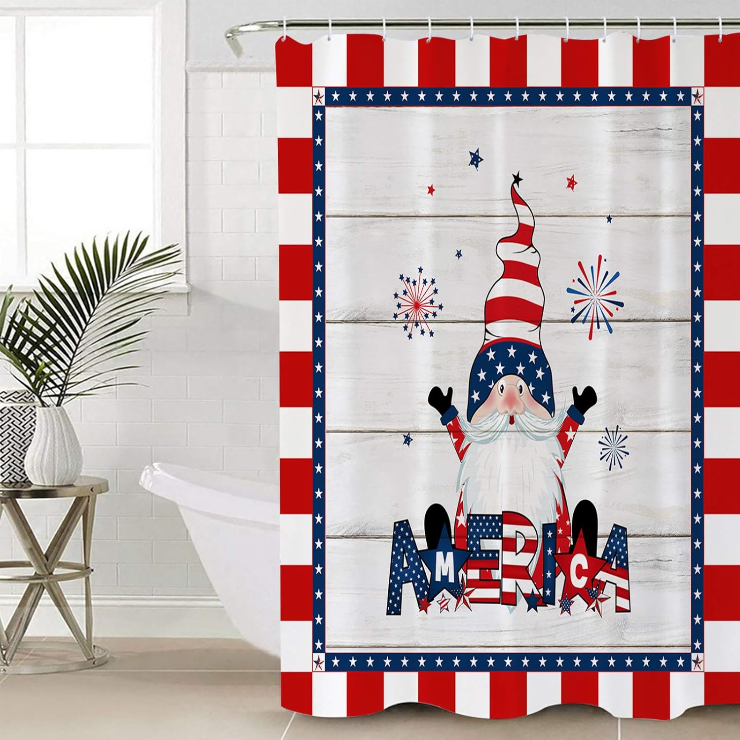 Independence Day Gnomes Shower Curtain Patriotic Stars and Stripes American Flag Bathroom Curtains, Polyester Fabric Shower Curtain for Bathroom 12PCS Hooks