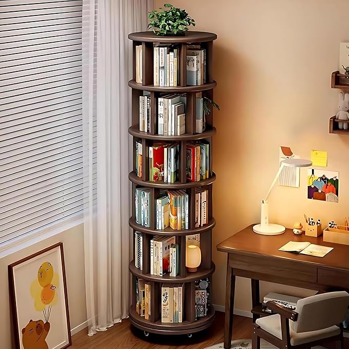 6 Tier Rotating Bookshelf 360° Solid Wood Spinning Book Shelf Tower on Wheels Rolling Revolving Bookcase for Small Spaces, Corner, Bedroom, Kids Room, Office — Walnut