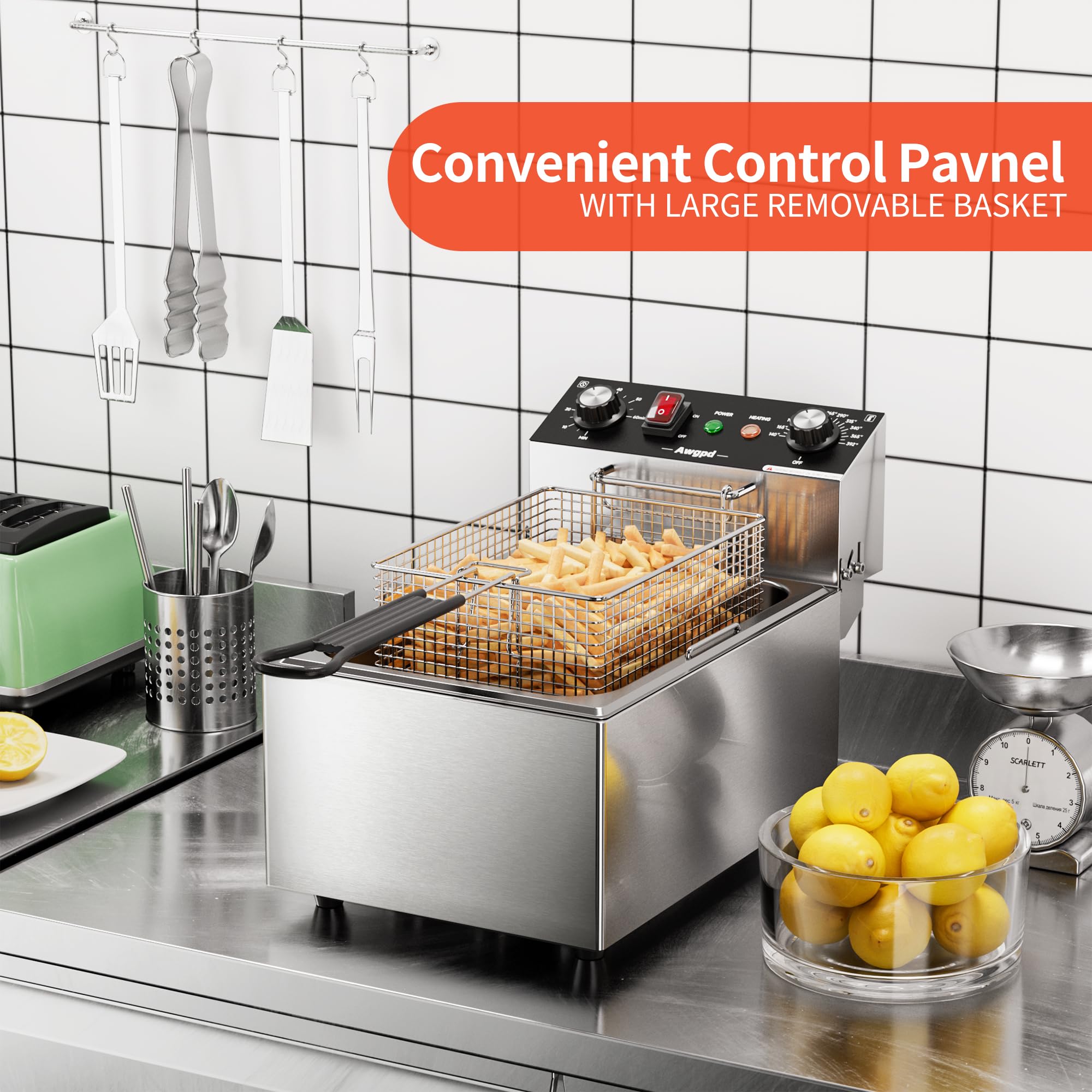 Freidora eléctrica de un solo tanque con capacidad de canasta, 10.5 cuartos de galón, freidoras eléctricas de encimera con temporizador de 60 minutos para cocina y restaurante, 1700 vatios, 110 V (10 4