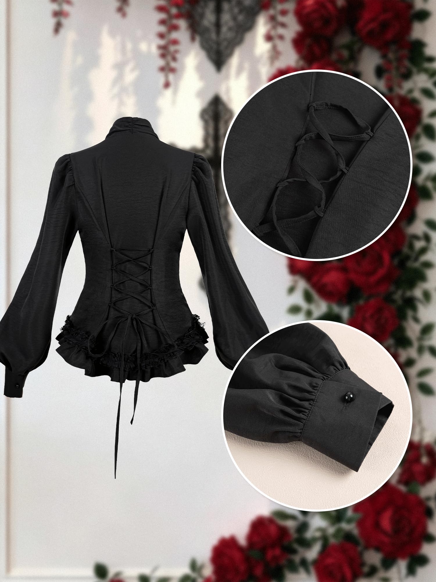 Camicetta vittoriana da donna con volant, a maniche lunghe, con lacci, stile gotico, colore nero