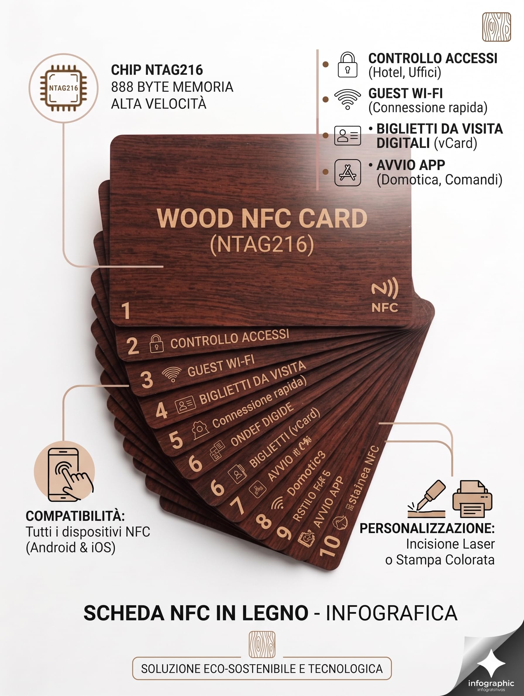 NTAG216 Cartes NFC Sapele Bois Acajou Sapelli ISO Programmable Hôtel Pack de 10