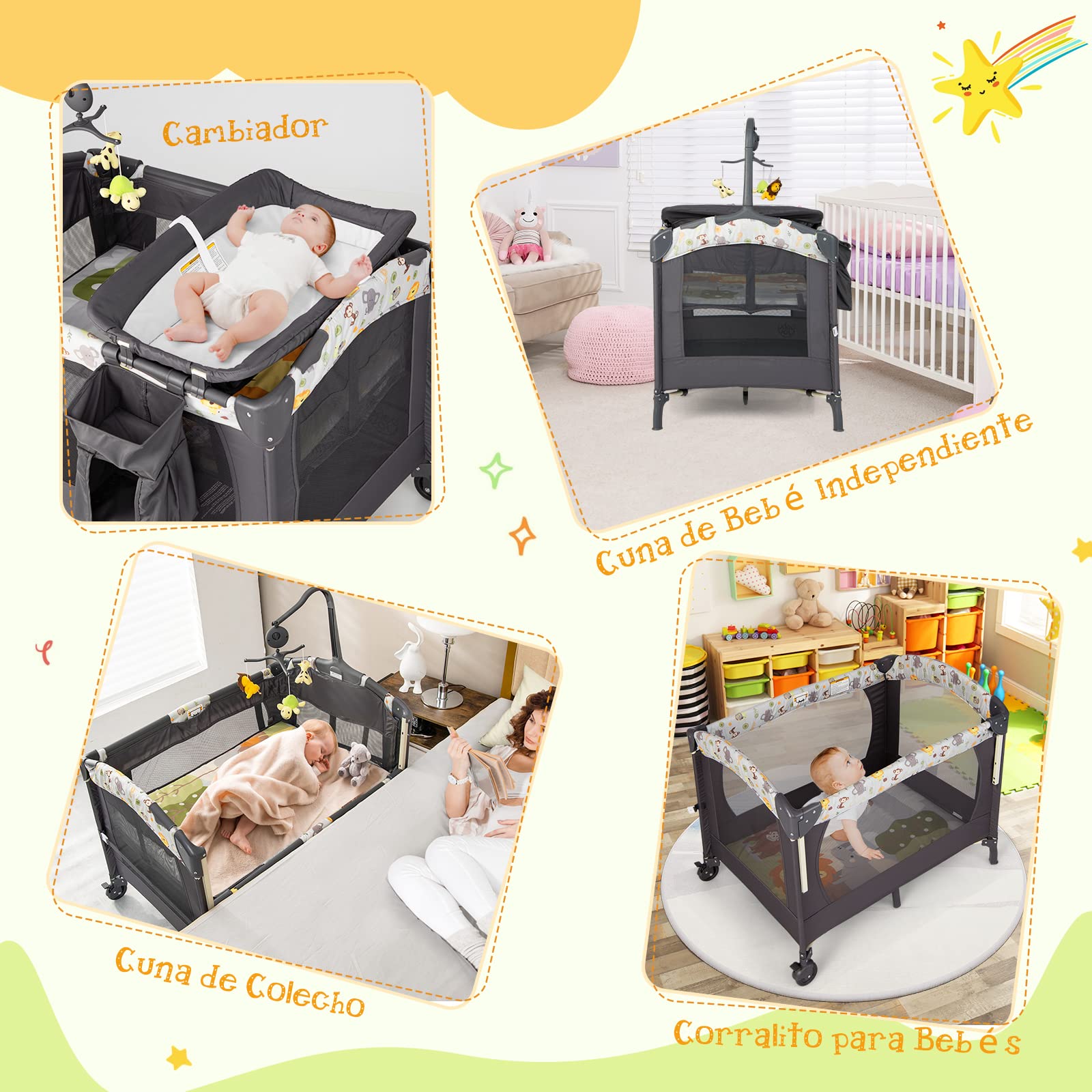 COSTWAY 4 en 1 Cuna de Viaje Plegable para Bebé con Colchón Cambiador, Parque Infantil Cuna Bebe con 3 Juguetes, Caja de Música y Bolsa de Transporte, Cuna Bebe con Colecho (Gris Oscuro)