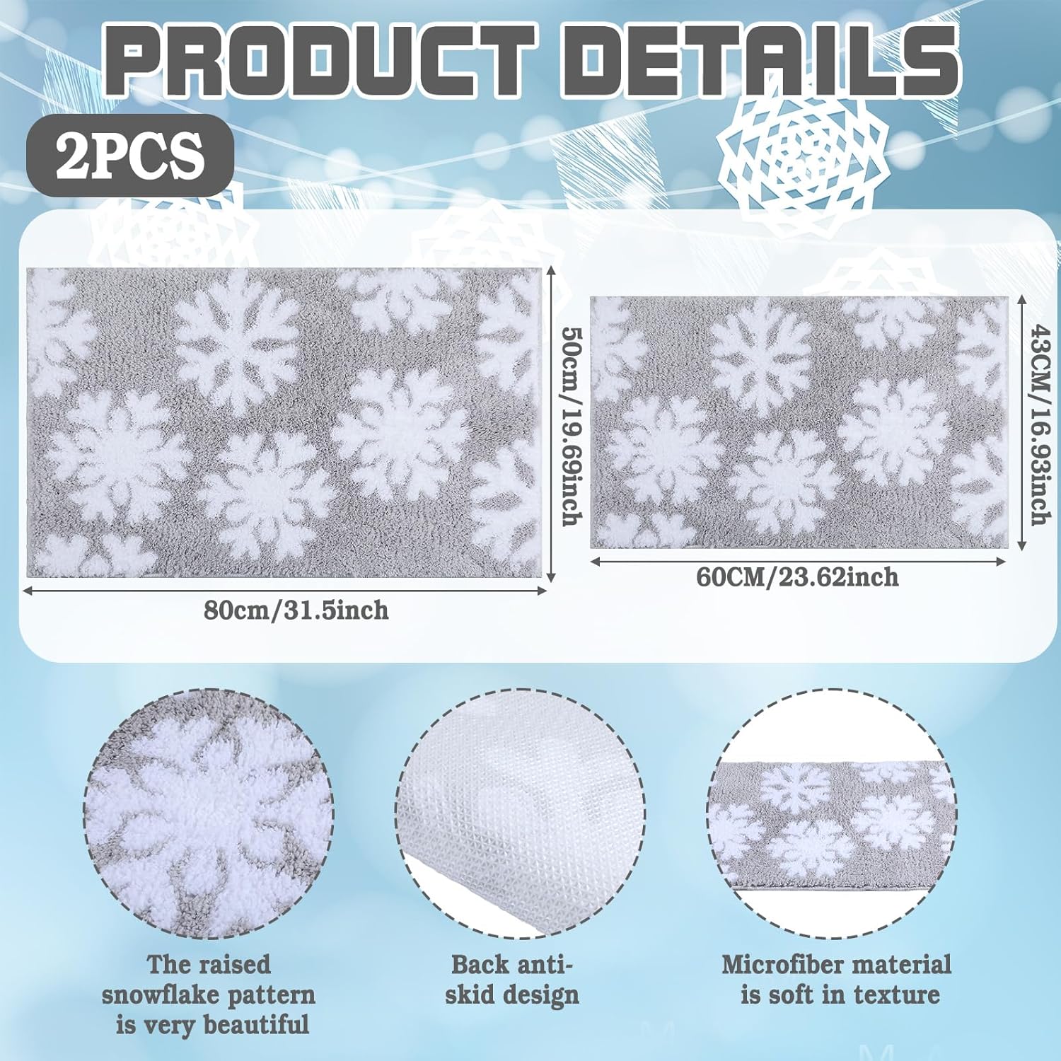 Dunzy 2 Pcs Winter Snowflake Bath Mat Winter Non Slip Soft Microfiber Bathroom Rugs New Year Area Rug for Tub Shower Room Floor, 20 x 32 Inches, 17 x 24 Inches