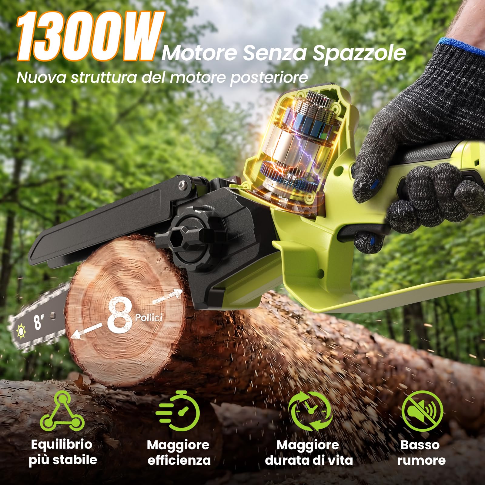 Mini Motosega a Batteria 8 Pollici, 1300W Brushless Motosega Elettrica, 2 x 2000mAh Sega a Batteria per Potatura con Pompetta Olio e Catena di Ricambio, Potatura per il Taglio del Legno Giardini