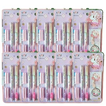 Crackles Cute Unicorn Glittery Fountain Pen Set With Book Mark For Girls Stationery Writing Set For Kids (2 Pens, 4 Refills and 1 Bookmark)- Multi Color (Pack of 10)