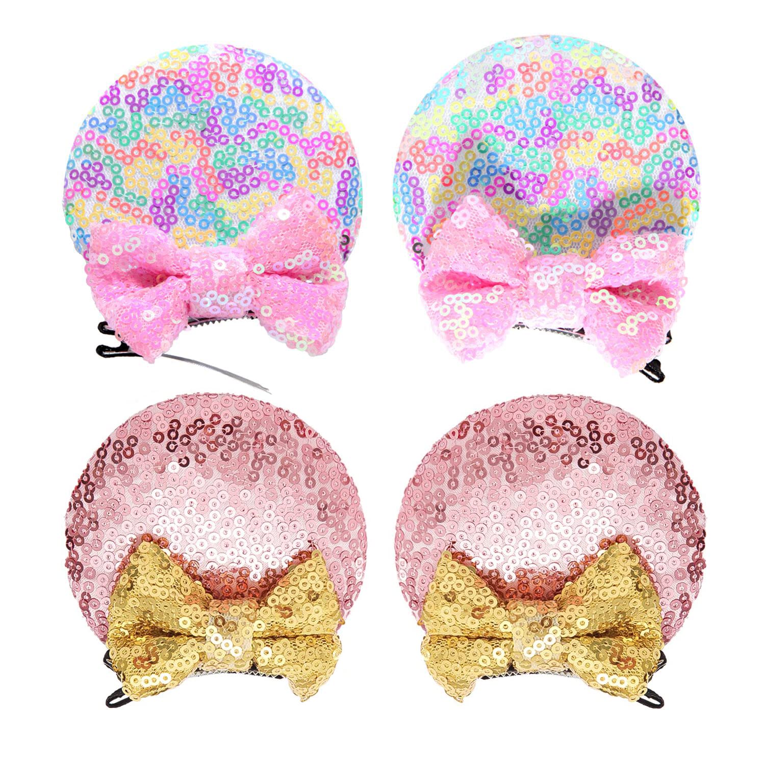2 Pairs Sequin Ears Hair Clips, Mouse Ear Bows for Kids, Girls and Women - Glitter Princess Accessories for Birthday, Christmas and Cosplay (Pink)