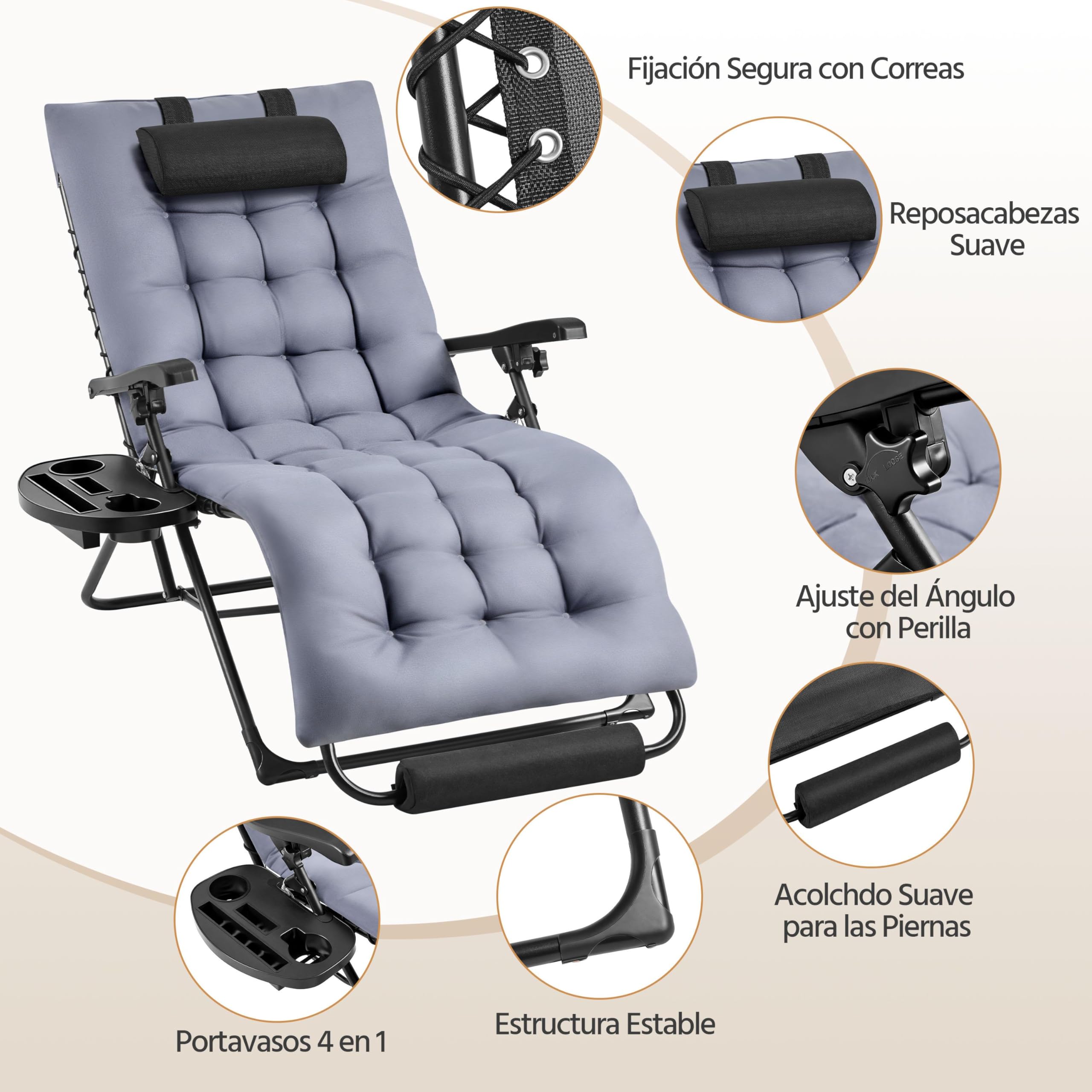 Yaheetech Tumbona Plegable y Resistente, Tumbonas Jardin Exterior, Capacidad de Carga 200kg, Tapizado Ergonómico, Respaldo Ajustable, Cojín Cervical, Portavasos y Cojín, Gris Oscuro/Negro