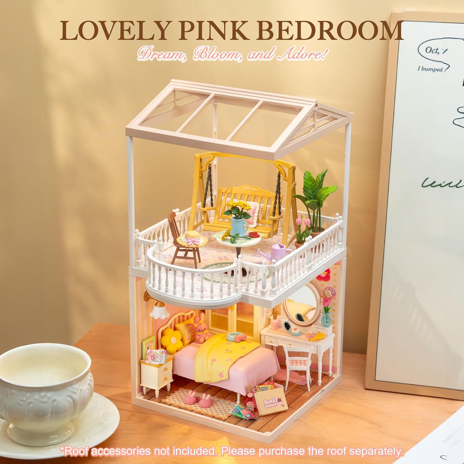 ROBOTIME Super Creator Kits, DIY Miniature House Kit with LED, Plastic Mini House, Toy Building Set, Mini Figures Construction for Teens &Adults, Craft for Home Decor Unique Gift (Lovely Pink Bedroom)