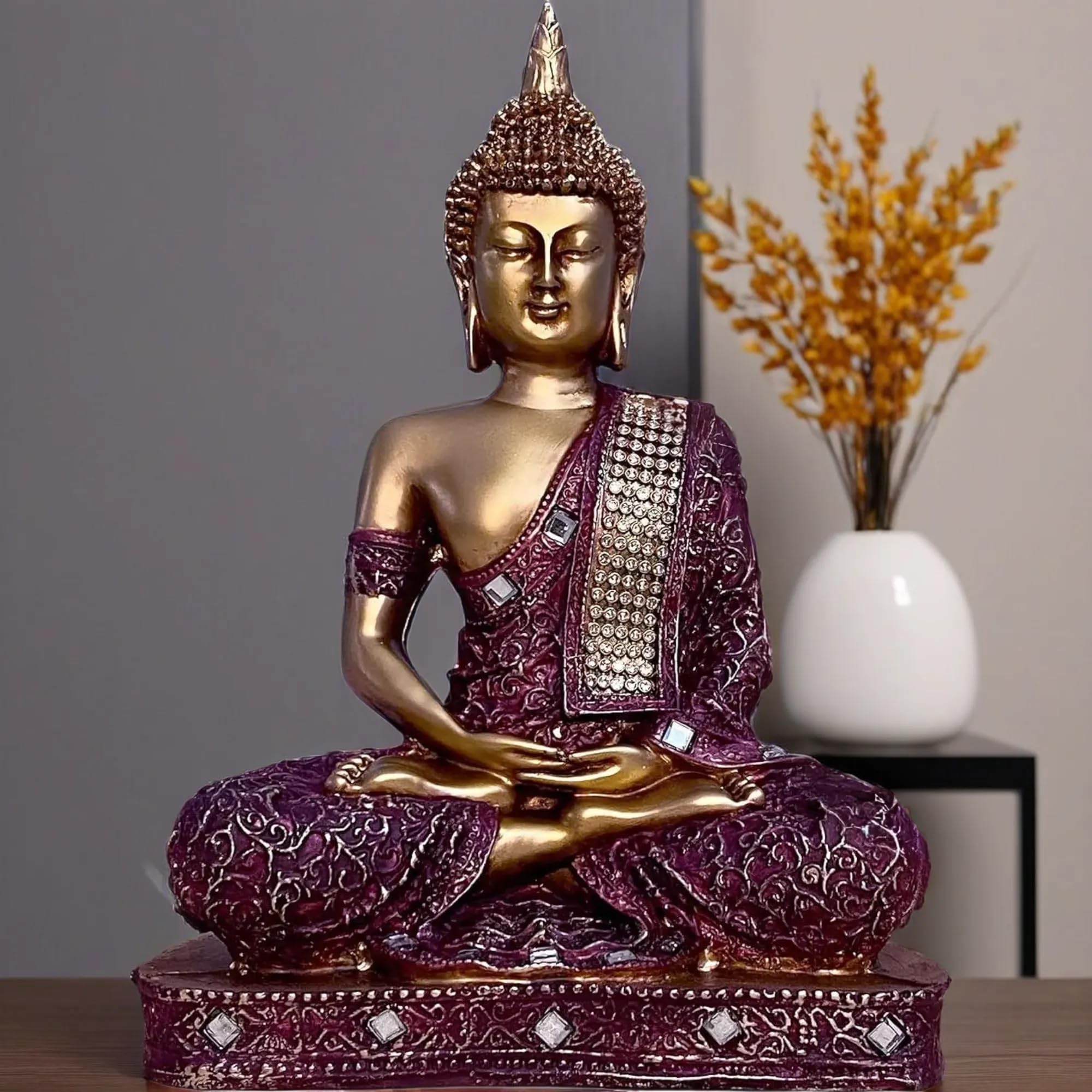 Global Grabbers Polyresin Sitting Buddha Idol Statue Showpiece for Home Decor Decoration Gift Gifting Items-RD_GOL-BS2-(00), Red