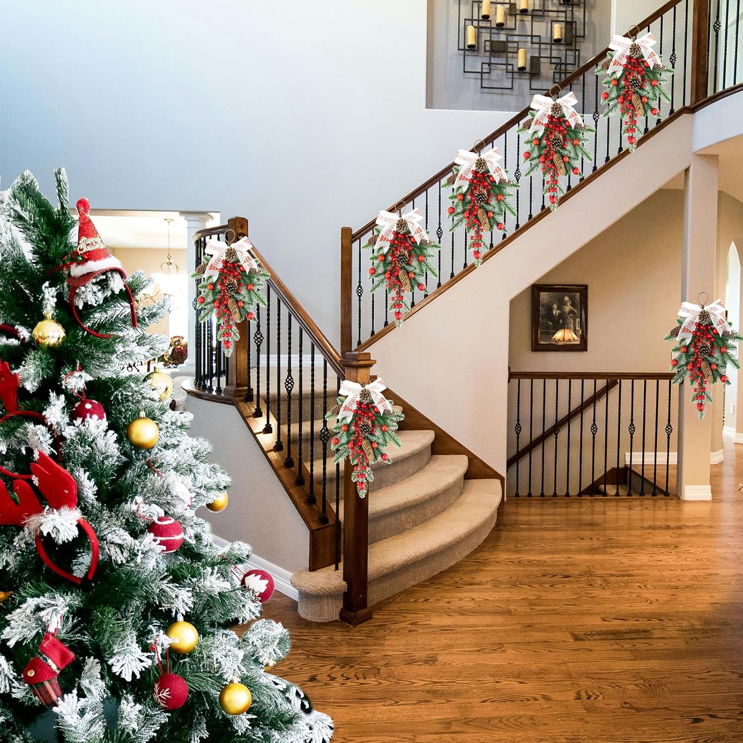 2 Pcs Christmas Teardrop Swags Artificial Berries and Pine Floral Swag Christmas Wall Hanging Xmas Teardrop Pine Needles Swag Wreath for Front Door Fireplace Farmhouse Front Door Decor