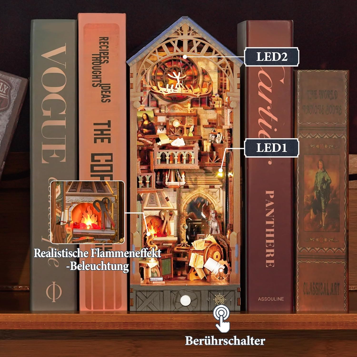 Tonecheer DIY Book Nook Kit for Adults, 3D Puzzle Wooden Miniature House Kit, Booknook Dollhouse Bookshelf Insert Decor Bookend with Dust Cover and LED Lights Gifts (Leonardo da Vinci)
