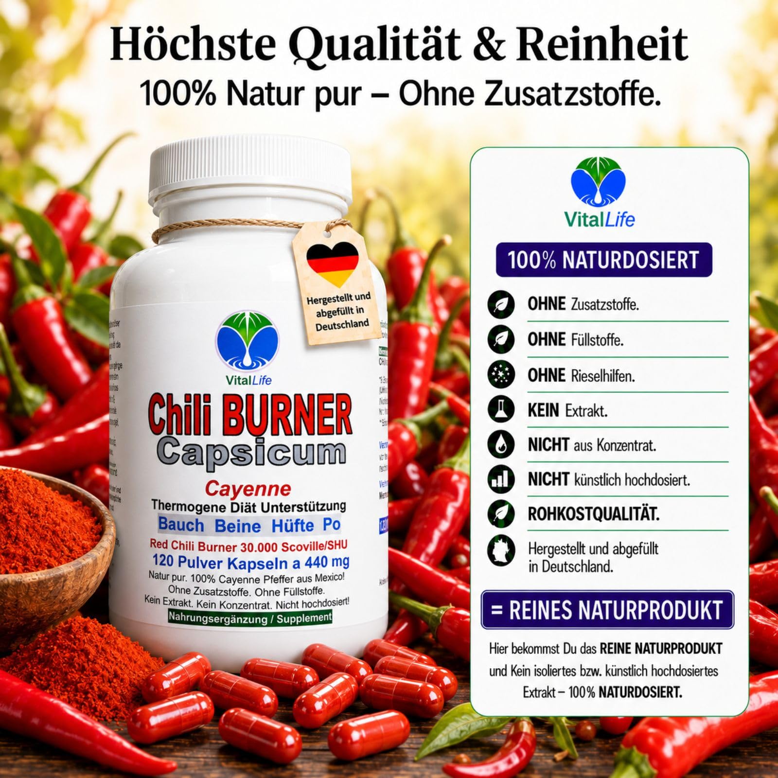 Red Chili F-BURNER 240 (2x120) Kapseln Capsicum Cayenne Pfeffer CAPSAICIN für bewusste Ernährung, tägliche Diät-Routine, locker sitzende Lieblingshosen. NATUR pur. OHNE ZUSATZSTOFFE. 26590-2