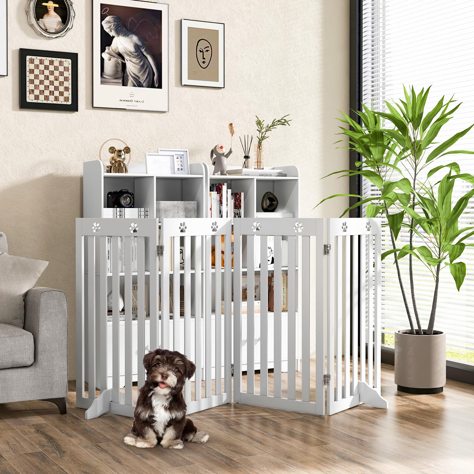 SOARS Absperrgitter Hund, 204x90cm Hundegitter Wohnung mit 2 Stützfüßen, Faltbares Schutzgitter, Treppengitter, Absperrgitter für Küche, Flur, Kamin & Ofen, 4 Paneelen, Weiß