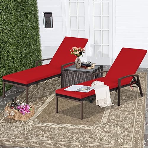 Miniatura 5 de COSTWAY 2PCS Patio Rattan Lounge Chair Chaise Recliner Back Adjustable Cushioned Red
