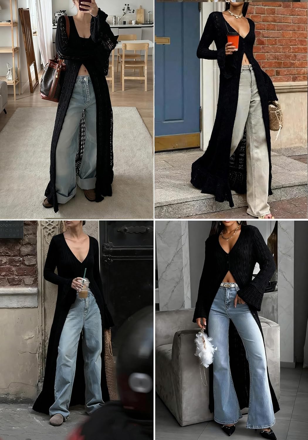LETSVDO Womens Long Crochet Cardigan Bell Sleeve Ruffle Knit Hollow Out Lightweight Duster Sweater Beach Cover up Dress