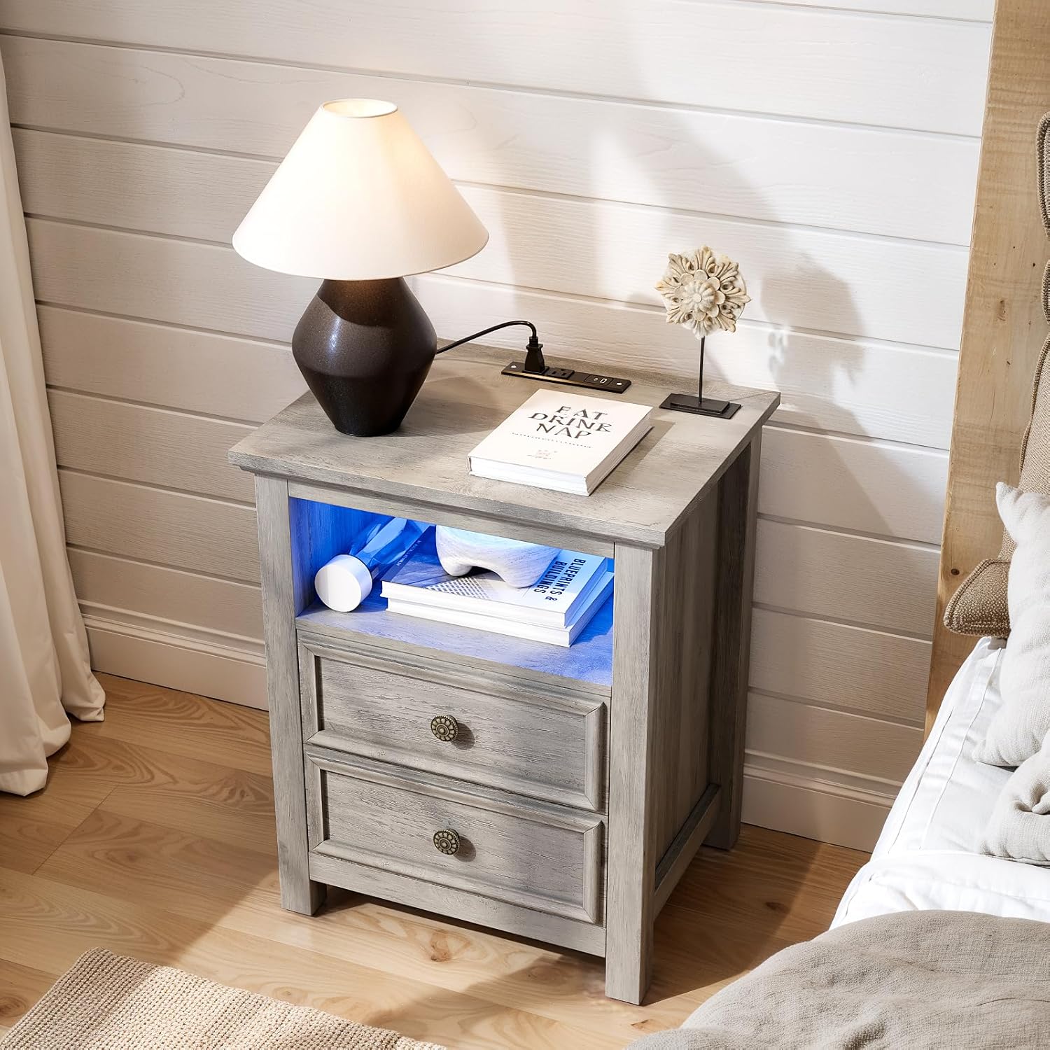 LGHM Nightstand with Charger Station Strip Lights,20" W Night Stand with Drawers for Bedroom, Large Accent Bed Side Table and End Table with Open Compartment-Easy Pull Handle, Textured Border,Gray