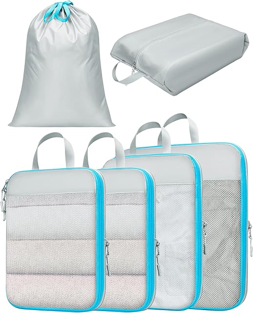 Compression Packing Cubes for Travel, Torrypack 6 Pcs Extensible Suitcase Organiser with Mesh Panel Packing Cubes for Suitcases with Shoe Bag and Laundry Bag,Grey