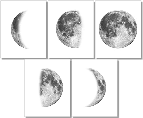 Moon Phases Art Prints - Bedroom Decor - Gray Wall Art - 8x10 (Set of 5) - Unframed