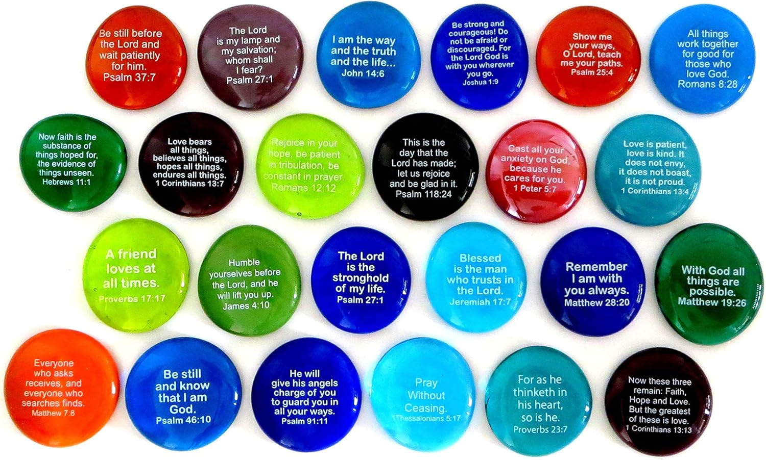 Lifeforce Glass Scripture Glass Stones, 24 of Your Favorite Inspiring Bible Verses on Translucent and Opaque Rocks, Set II.
